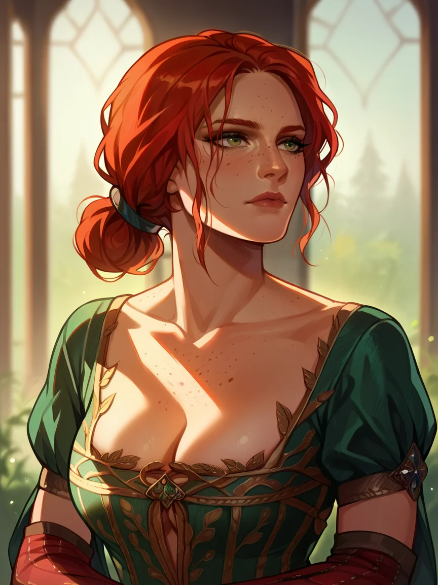 score_9, score_8_up, score_7_up, score_6_up, score_5_up, <lora:trissmerigoldXLP:1> triss merigold, 1girl, solo, red hair, freckles, green eyes, hair bun, cleavage, green dress