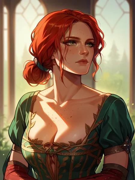 score_9, score_8_up, score_7_up, score_6_up, score_5_up, <lora:trissmerigoldXLP:1> triss merigold, 1girl, solo, red hair, freckles, green eyes, hair bun, cleavage, green dress