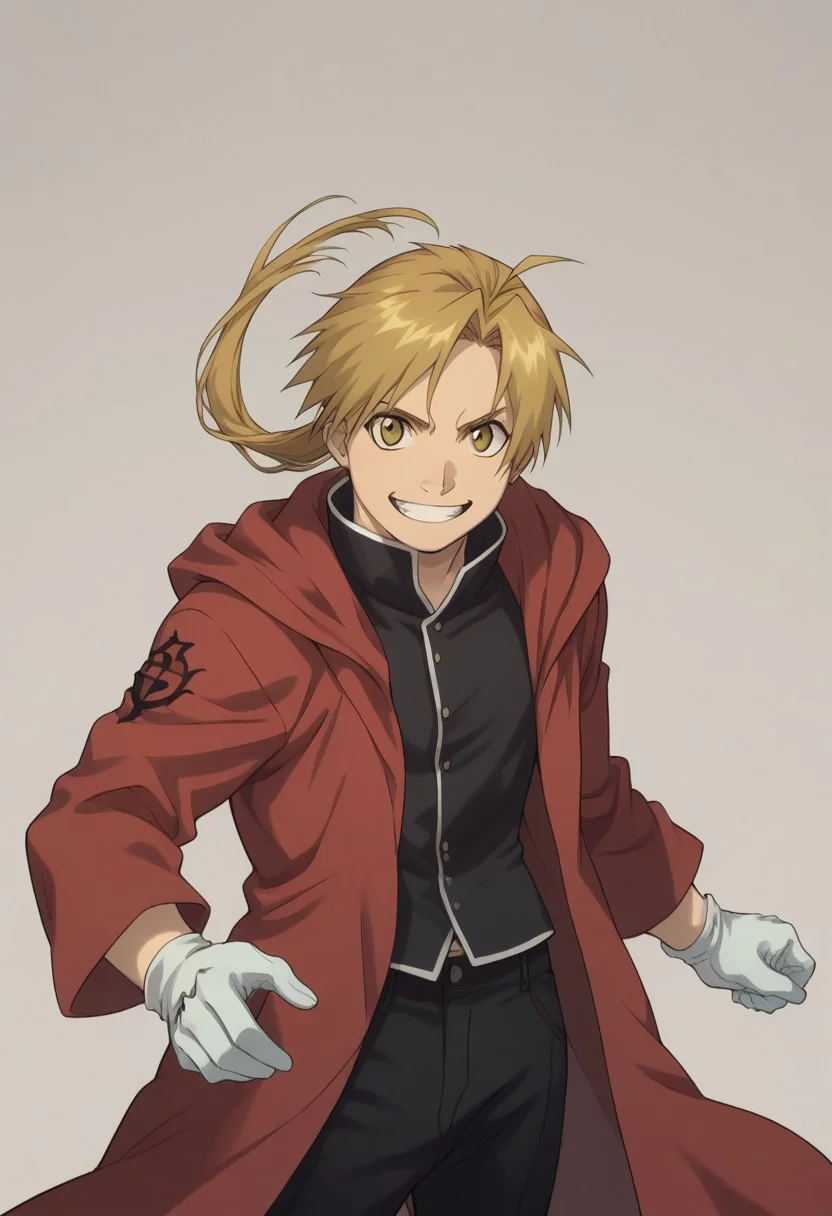 score_9, score_8_up, score_7_up, source_anime, highly detailed,
alphonseelric, solo, gloves, 1boy, blonde hair, male focus, smile, yellow eyes, grin, long hair, ahoge, ponytail, coat, red coat, hood, shirt, black shirt, black pants, slender, skinny, fighting stance