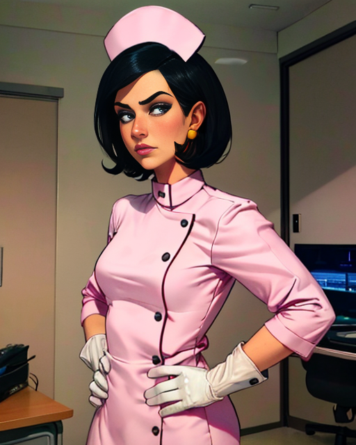 Girlfriend, black short hair, earrings, standing, hands on hip, upper body, bored expression,
 GirNur, short white gloves , very small nurse cap, nurse, white boots, evil lair, desk job,
 (insanely detailed, beautiful detailed face, masterpiece, best quality)   <lora:Girlfriend-12:0.7>