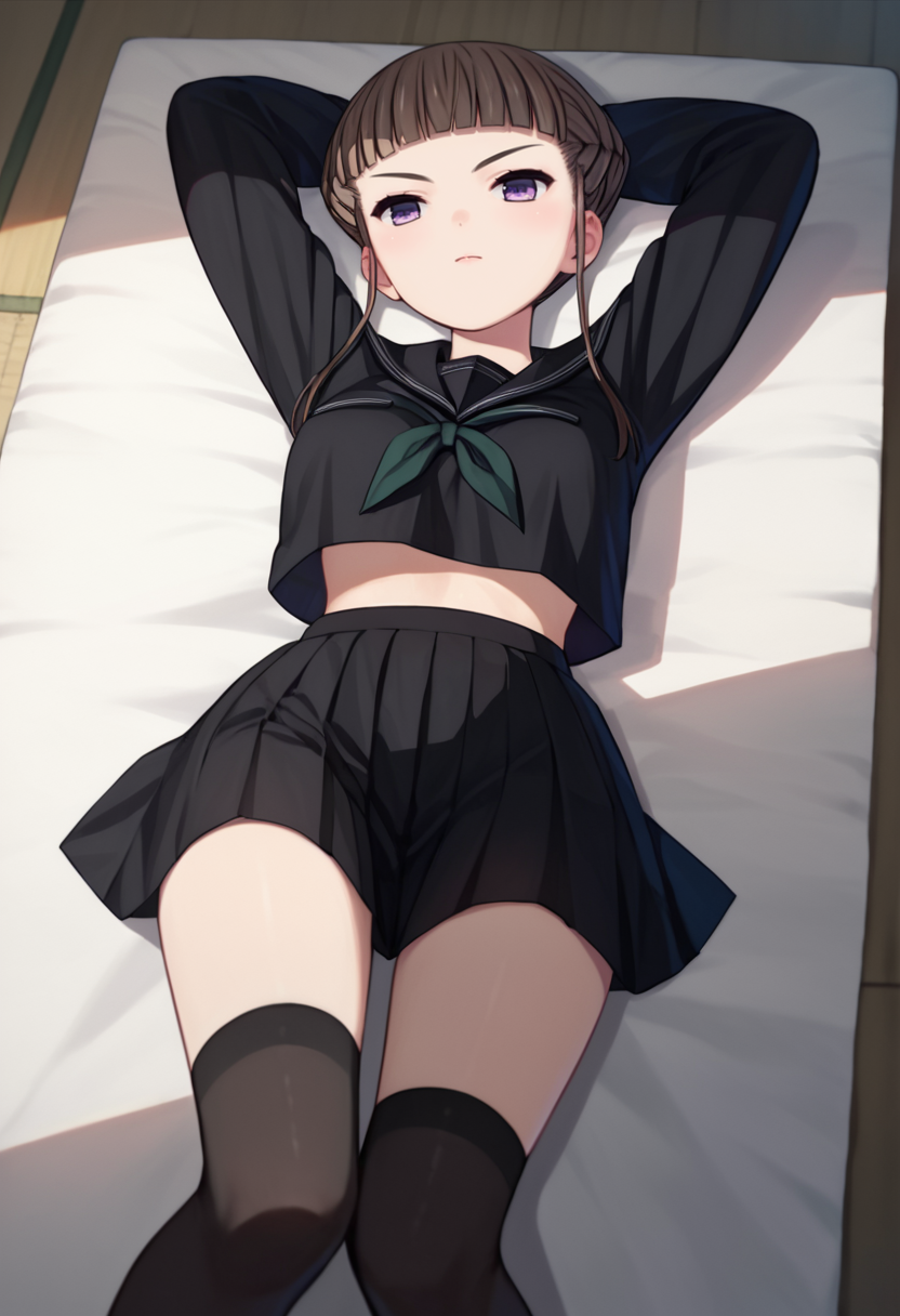 score_9, score_8_up, score_7_up, 1girl, solo, Manaka Nemu, braided hair, purple eyes, sidelocks, long sleeves, necktie,  black skirt, black thighhighs, black serafuku, on back, arms behind head,  <lora:Nemu move -1.7-000007:1>