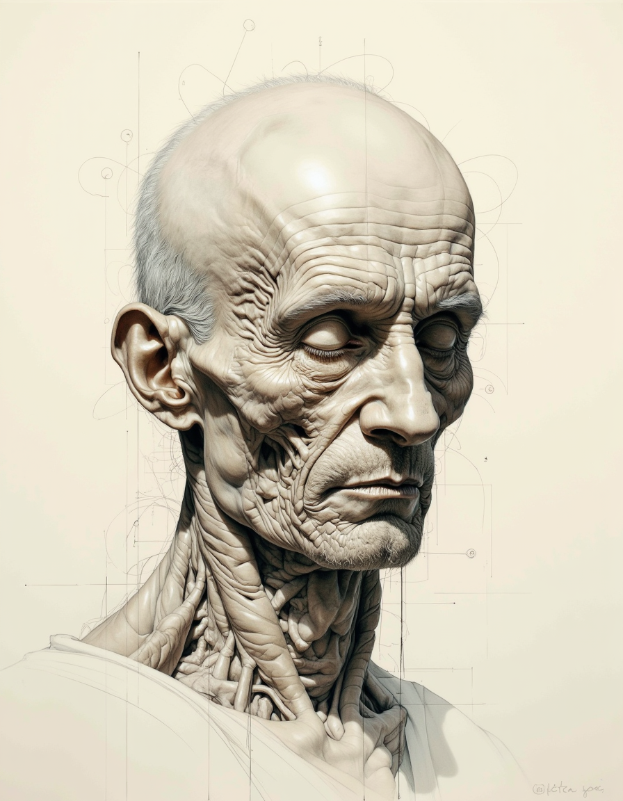 Portrait by Dorota Pietrowiak. The image is a highly detailed, hyper-realistic drawing of an elderly man's head and neck, rendered in pencil and charcoal on a cream-colored paper. The artwork, created by an artist skilled in anatomical realism, captures the intricate details of the subject's weathered, gaunt face and neck. The man's skin is a pale, almost translucent shade, revealing the underlying muscle structure and veins, which are rendered with meticulous precision. <lora:Dorota_Pietrowiak:0.75>