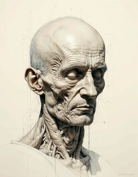 Portrait by Dorota Pietrowiak. The image is a highly detailed, hyper-realistic drawing of an elderly man's head and neck, rendered in pencil and charcoal on a cream-colored paper. The artwork, created by an artist skilled in anatomical realism, captures the intricate details of the subject's weathered, gaunt face and neck. The man's skin is a pale, almost translucent shade, revealing the underlying muscle structure and veins, which are rendered with meticulous precision. <lora:Dorota_Pietrowiak:0.75>