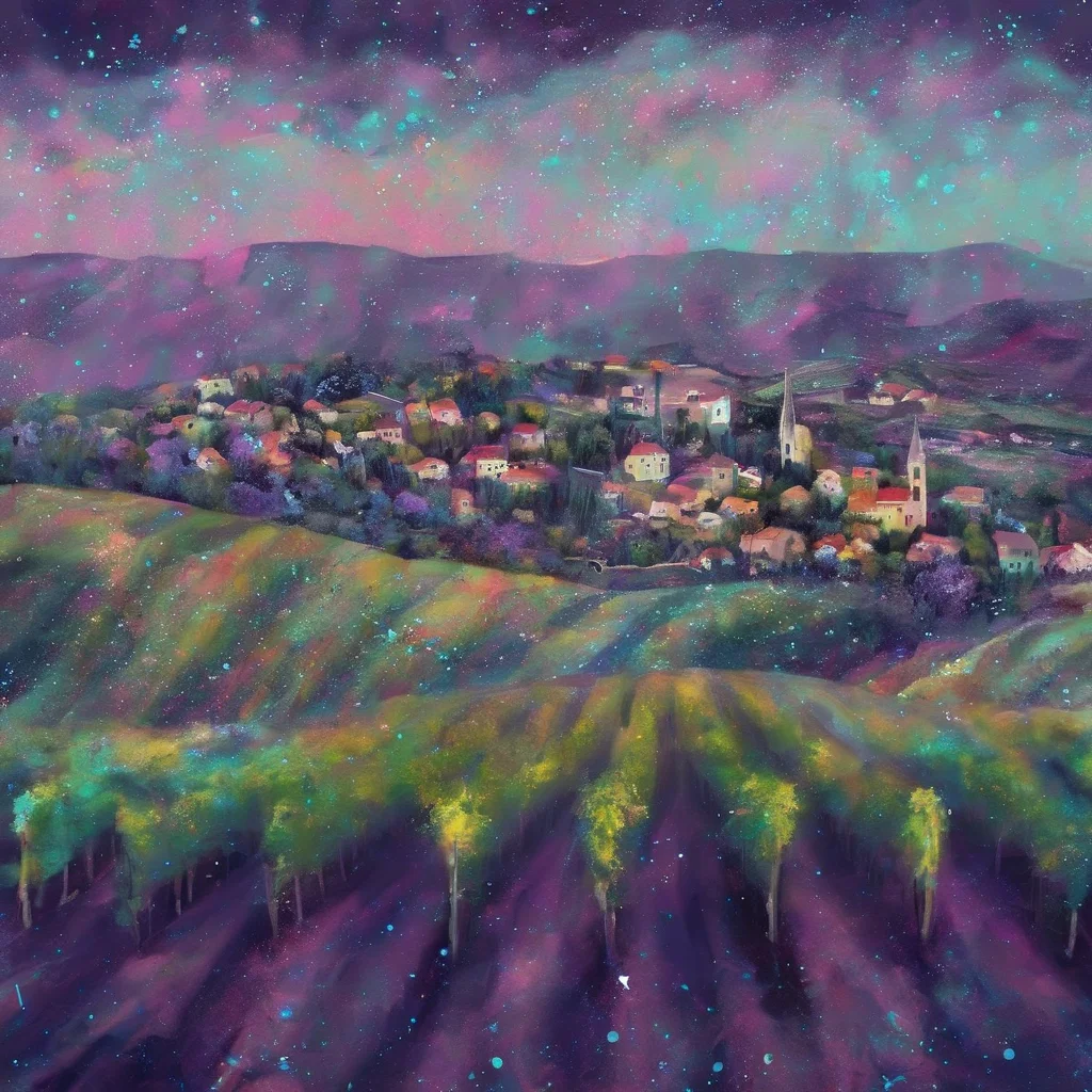<lora:SDXL_Glittery_Portraits_Sa_May_V5:1> Glittery a view of a vineyard and village