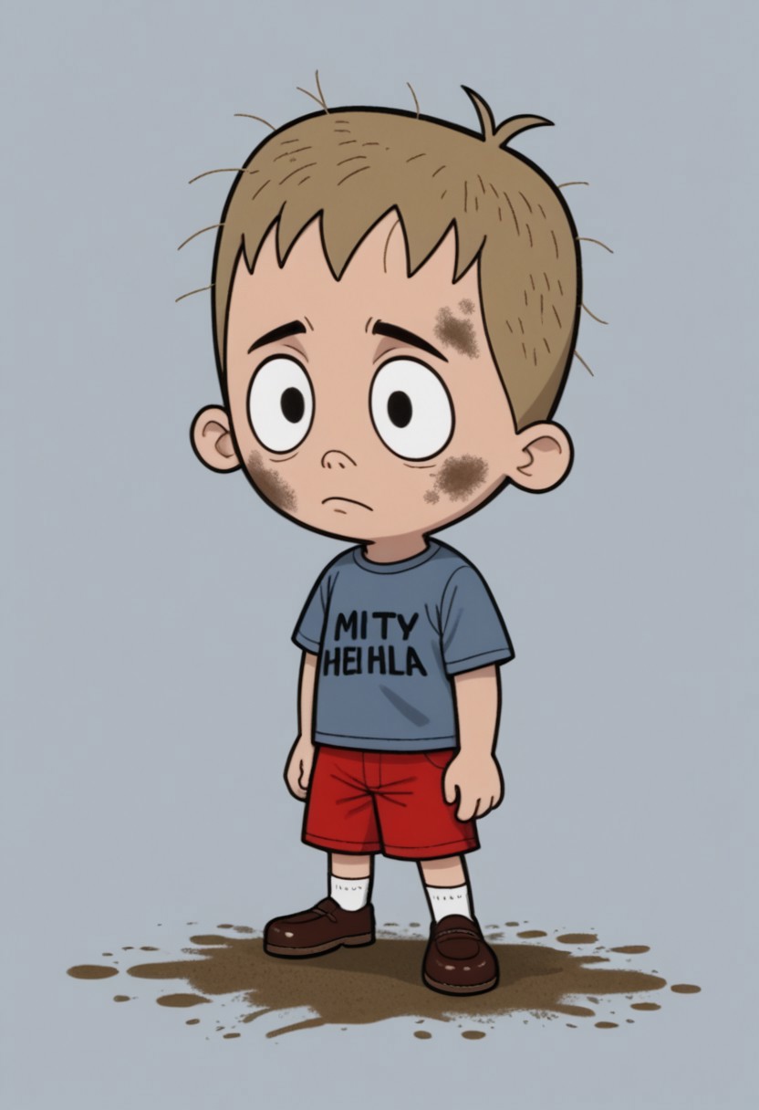 Solo, one character, 
1boy, MikeBelieve, small body, large round head, dirty blonde hair, black eyes, point nose, gray-blue shirt with an O, red shorts, white socks, brown shoes