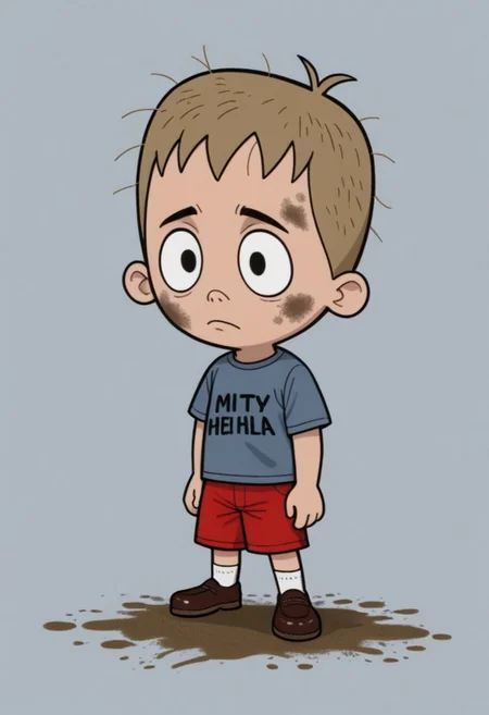 Solo, one character,
1boy, MikeBelieve, small body, large round head, dirty blonde hair, black eyes, point nose, gray-blue shirt with an O, red shorts, white socks, brown shoes