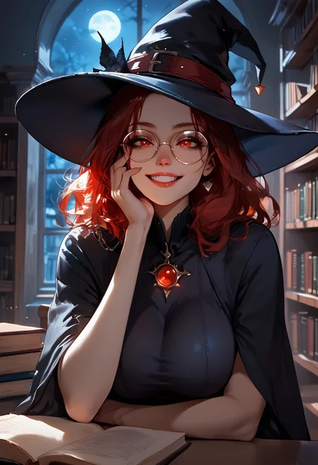 score_9, score_8_up, score_7_up, 
itsyeliz, night, library,
1girl, solo, red hair, red eyes,
round glasses, witch hat, witch dress,
large breasts, large ass, 
seductive smile, grin, horny, 
close up face, hand under face,
Expressiveh, s1_dram,
source_anime,
