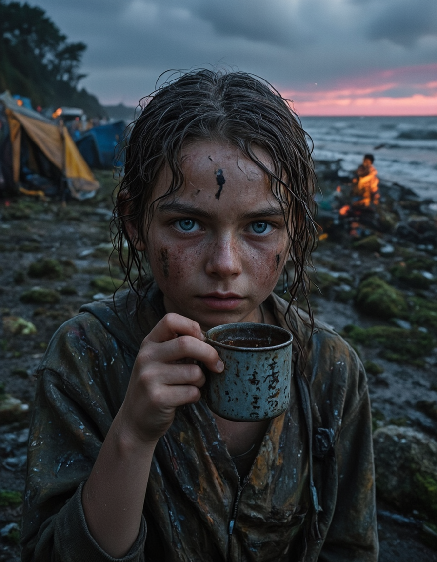 <lora:CW02_Lost_Officev2fluxc:1> dirty homeless 20yo 1girl with dirt on face and dirty wet grey hair and blue eyes holding an old iron cup of hot cofee, homeless tents, tents, no car lights, car wreck, wet, wet spots, dirty, very dark foreground, moss, pink light on the background, kanji, vegetation, car pileup, T10, landscape, mountains, waves, rocks, tree, vegetation, moss, rough sea, waterfall, ruins, sunset, blue, orange, yellow, brown, bokeh, green, T8, forest, trees, mist, SE12, rich detailed sky, clouds, fantasy, rocks, blue, orange, yellow, bokeh, T4, brown, fantasy, blue, white, gold, T7, marble, dirty poor 20yo 1girl with dirt on face and dirty grey hair and blue eyes  holding an old iron cup of hot cofee,