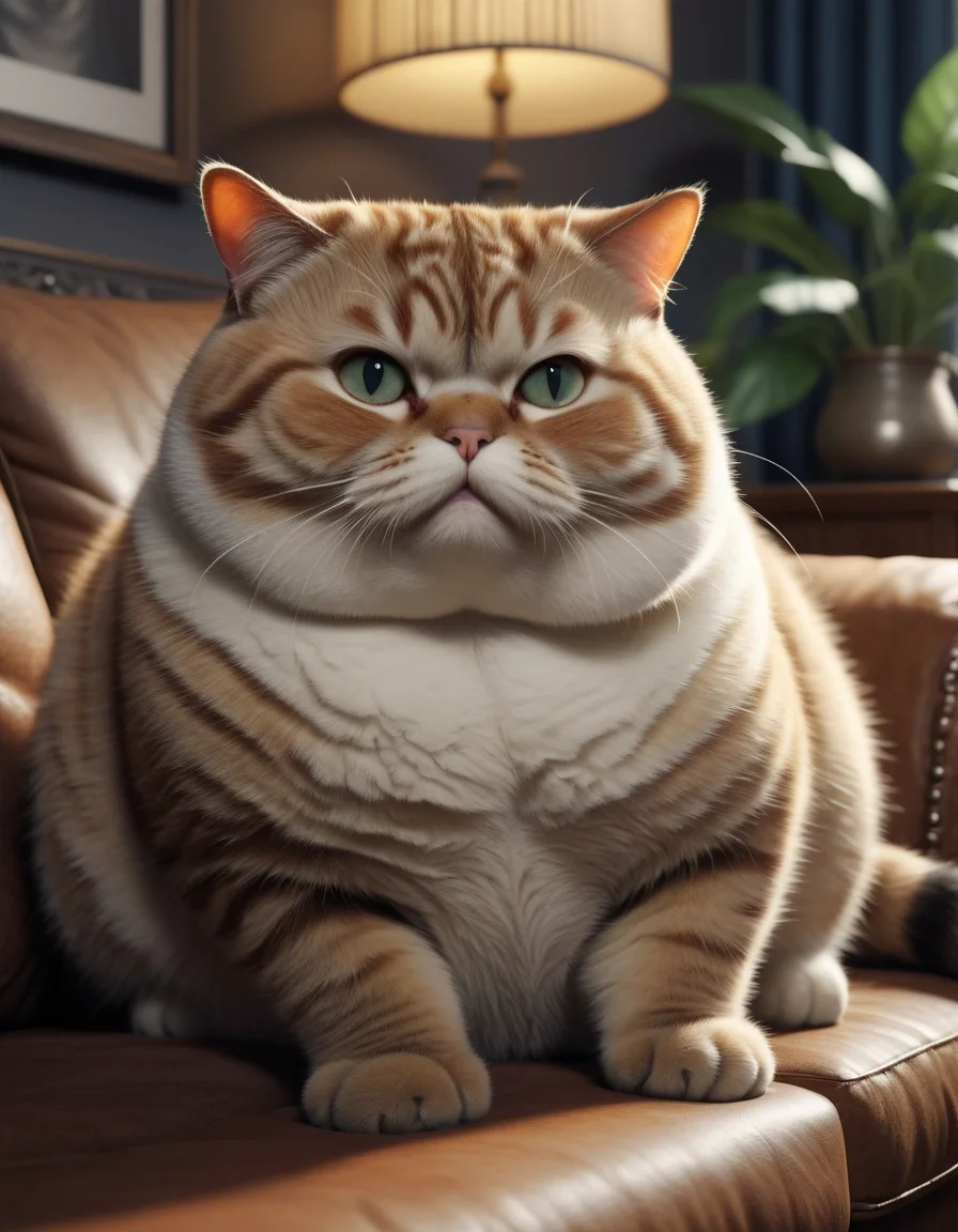 detailed realistic photo, chubby cat on a couch, living room , mysterious, highly detailed, 4k