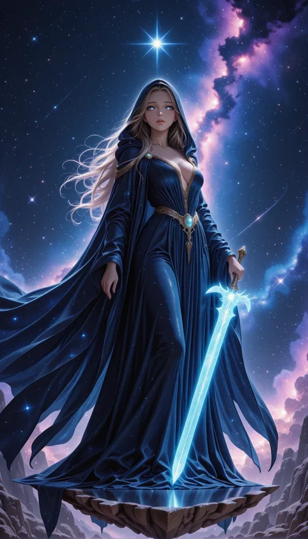 masterpiece, best quality, amazing quality, very aesthetic, absurdres, detailed eyes, newest, realistic, pinkenchantedmj, <lora:PinkieEnchantedMJIL:0.8>,
1girl, flowing robes, glowing starlight sword, floating platform, nebula background, celestial, fantasy,