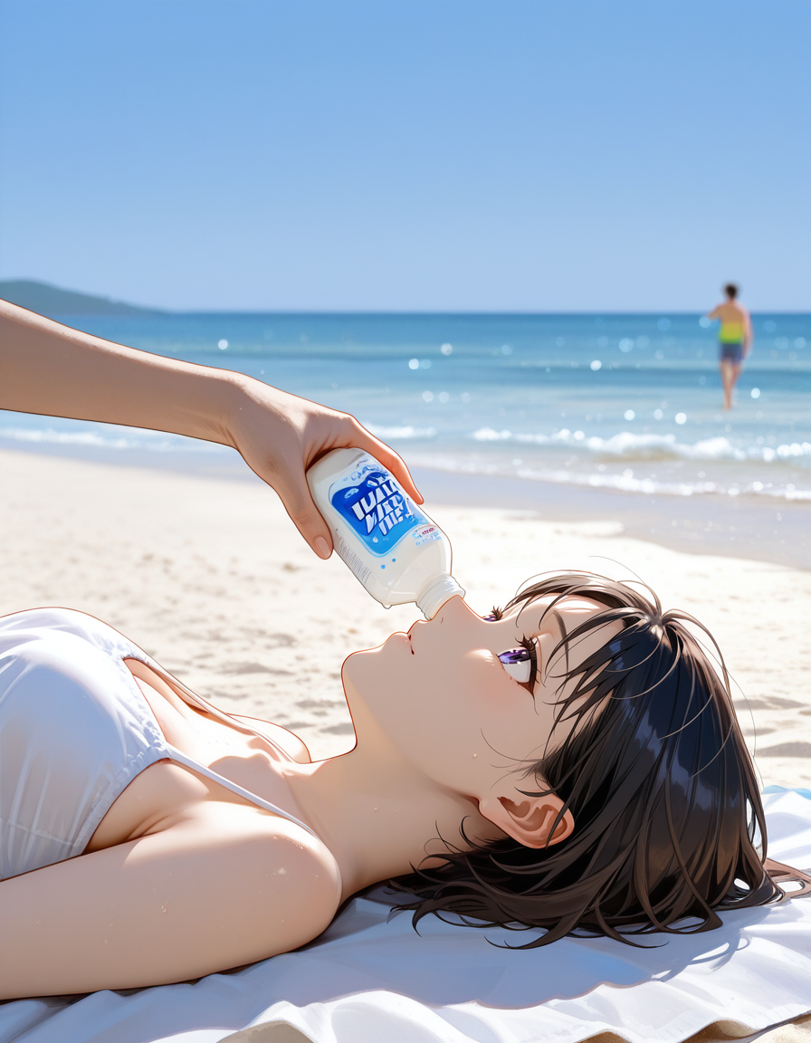 score_7_up, anime BREAK official art, 
<lora:Calpis_Water:1>, Calpis Water, 
1girl, plastic bottle, lying, solo focus, product placement, beach, from side, 
(masterpiece:1.3), best quality, high resolution, unity 8k wallpaper, extremely detailed CG, 8K, (watercolor \(medium\), muted color, sketch:1.1), perfect anatomy, highly finished, masterpiece, best quality, high quality, amazing quality, great quality, very aesthetic, ultra detailed, highres, absurdres, highly detailed, highly detailed background,