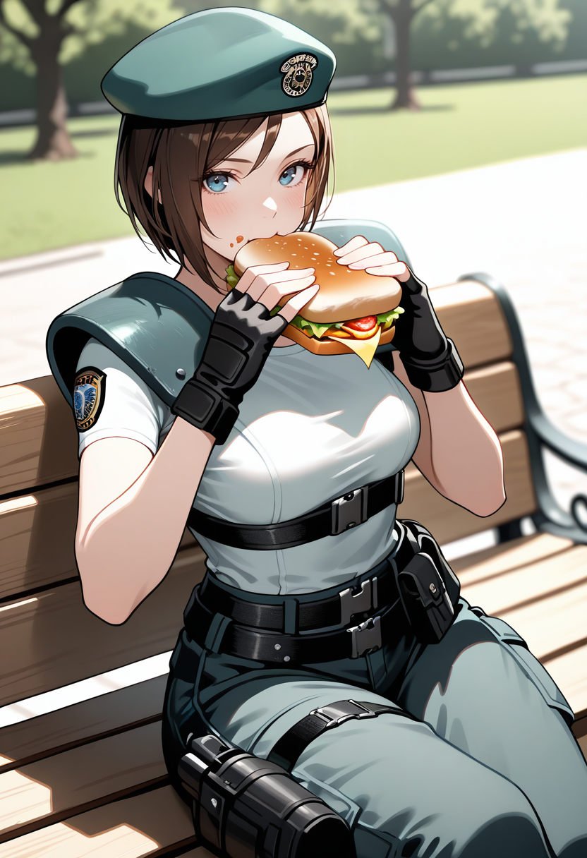 masterpiece, best quality, newest, absurdres, highres,   <lora:JillValentineIllustrious:1>,  VSTRS, brown hair, bob cut, short hair,beret,  shoulder pads, short sleeved shirt, pants, thigh holster, chest belt, belt, fingerless gloves,  eating, sitting, park, blush, looking at viewer, holding sandwich, bench, 1 girl, solo, breasts, food on face,