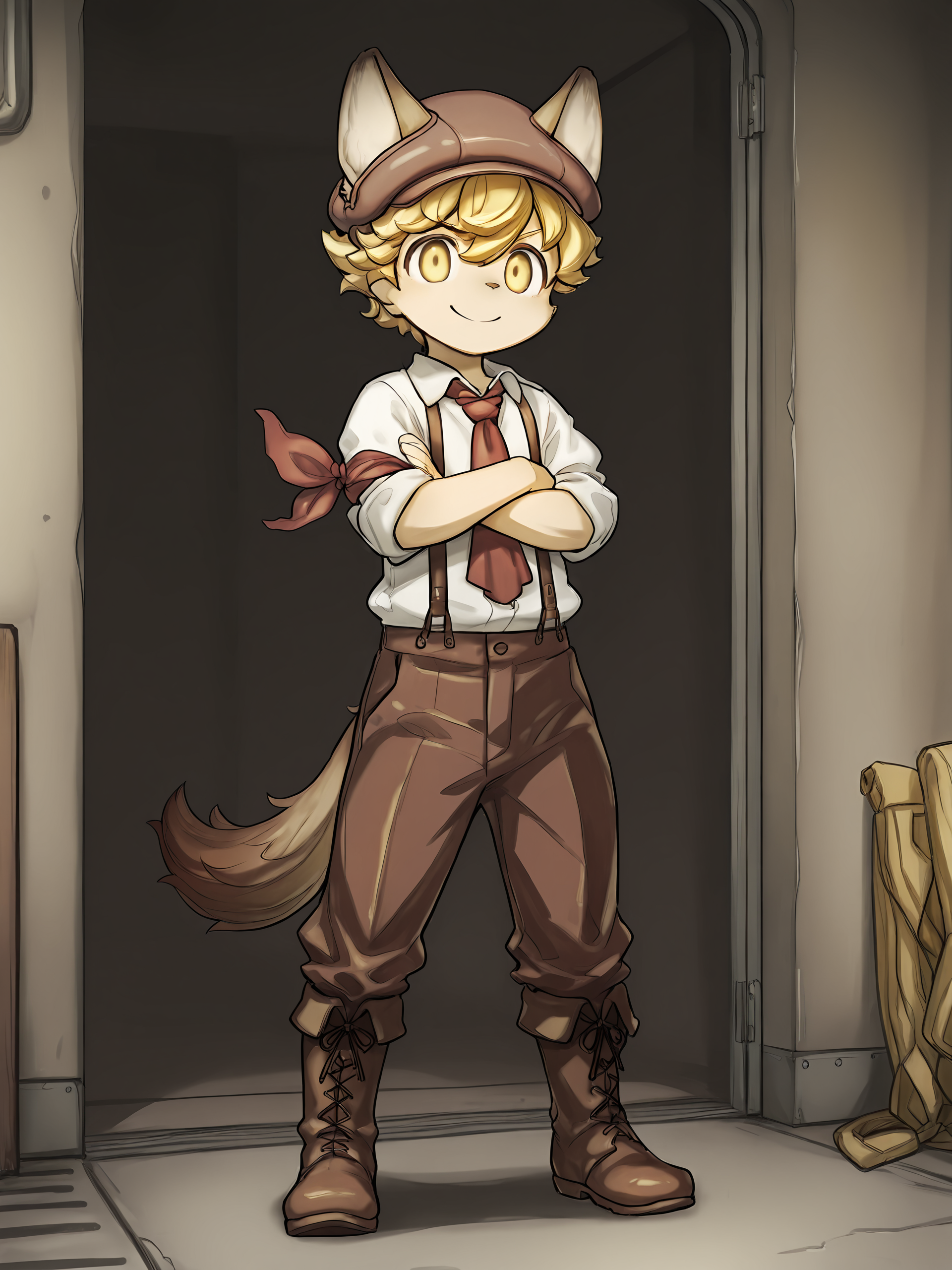 masterpiece, best quality, (absurdres), (highest quality), amazing quality, very aesthetic, no humans,
BREAK, <lora:Malt_Marzipan:1>, malt marzipan, fuga: melodies of steel, young male, 1boy, animal ears, yellow eyes, blonde hair, tail,
BREAK, boots, brown pants, suspenders, shirt, necktie, hat,
BREAK, solo, full body, standing, smile, looking at viewer, arms crossed,