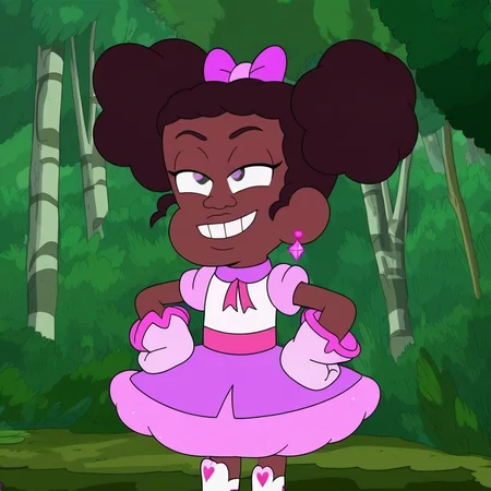 expressive eyes, in a forest, shiny grey eyes, full body, pink skirt, sparklec_cotc, standing, hot pink ribbon collar, pink bow on her head, white and pinkboots, smile, light pink gloves, white top with light pink rolled-up sleeves, score_9, two poufy side buns, holding a pink wand, solo, hot pink crystal earrings, brown skin, dark brown hair, 1girl, dark brown eyebrows, hot pink ribbon around her waist