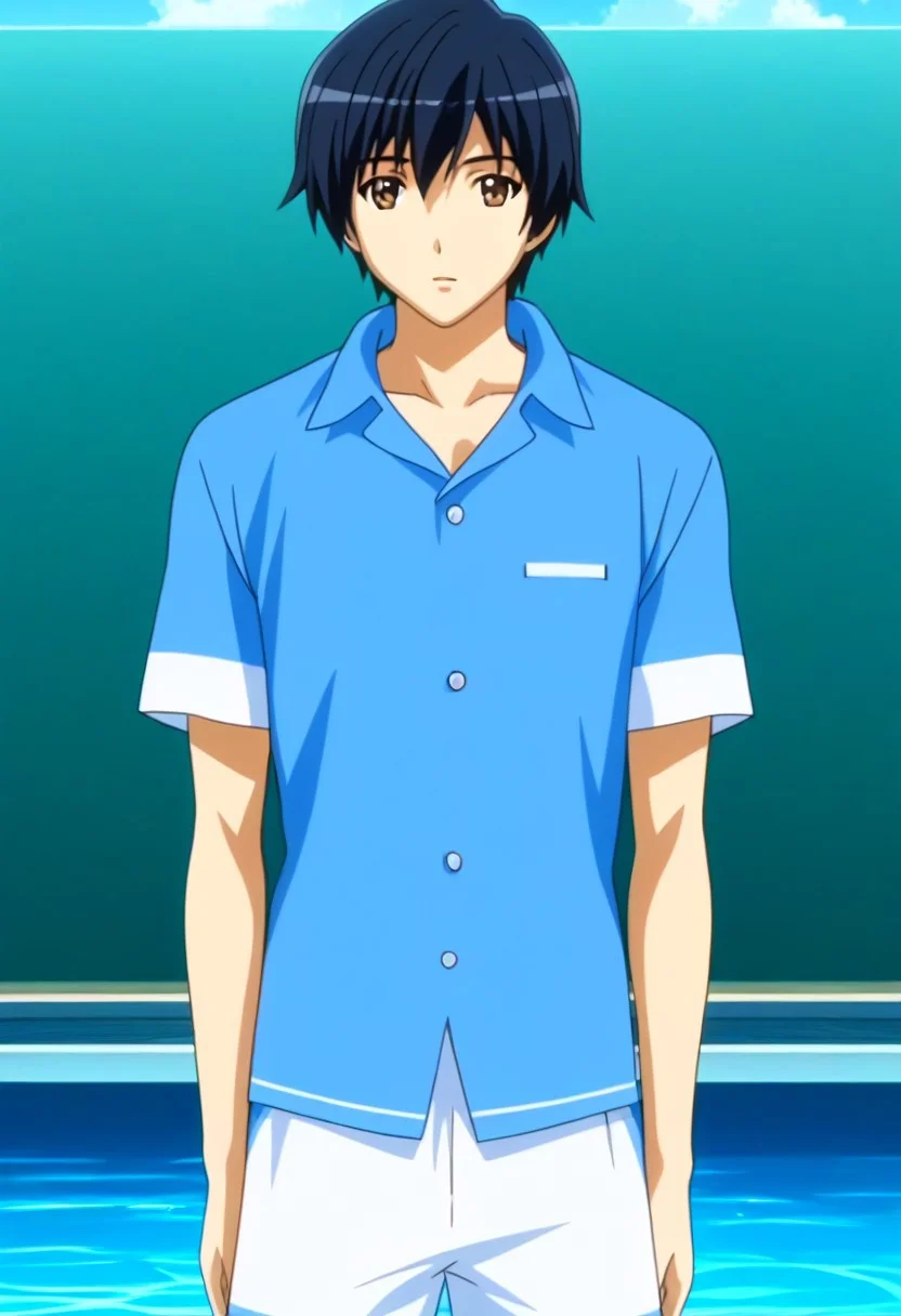 ((masterpiece)), ((best quality)), ((ultra-detailed)), ((absurdres)), score_9_up, score_8_up, score_7_up,
HD, top quality, best quality, amazing quality, High-quality illustrations, anime screencap, source_anime, best aesthetic, perfect proportions, perfect eyes, 1boy, 1male, solo boy, solo male, male focus, solo male focus, Anime, boy, male anime character, anime boy, handsome, sexy, cute, charming, ((looking at front, looking at viewer)), ((front shot, front view, view from front)), ((cowboy shot, head to hips shot)), ((tall body, tall height)), ((lean body, slim body)), Kaito Kusakari, black hair, brown eyes, blue shirt, white shorts, ((indoor swimming park, swimming pools, slides)), easynegative, updn, Expressiveh, masterpiece, best quality, very aesthetic, absurdres