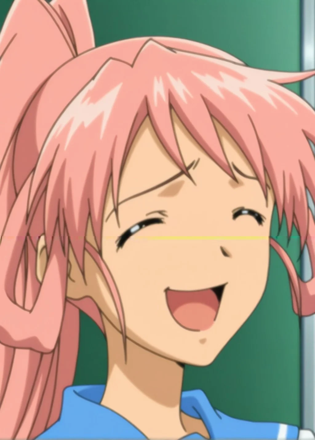 <lora:Seri_Illustrious_from_Jinkou_Shoujo_Henshin_Sex_Android:1>,Seri,Anime screencap,anime coloring,1 girl,pink hair,hair wheel,school uniform,standing,open eyes,laugh,