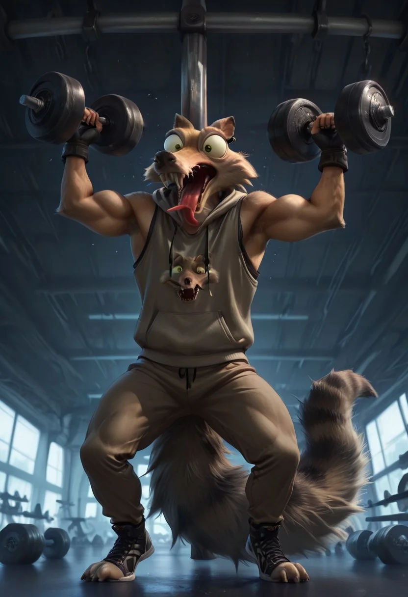 Masterpiece, absurdres, best quality, semi-realistic, 1boy, Scrat, solo, long snout, bushy tail, striped tail, bulging eyes, strained expression, yelling, tongue out, extremely muscular, jacked, powerlifter, bodybuilder physique, sleeveless hoodie, earphones, fingerless gloves, lifting dumbbell, dumbbell curls, heavy dumbbell, detailed background, gym background, kftenhance, A3THER