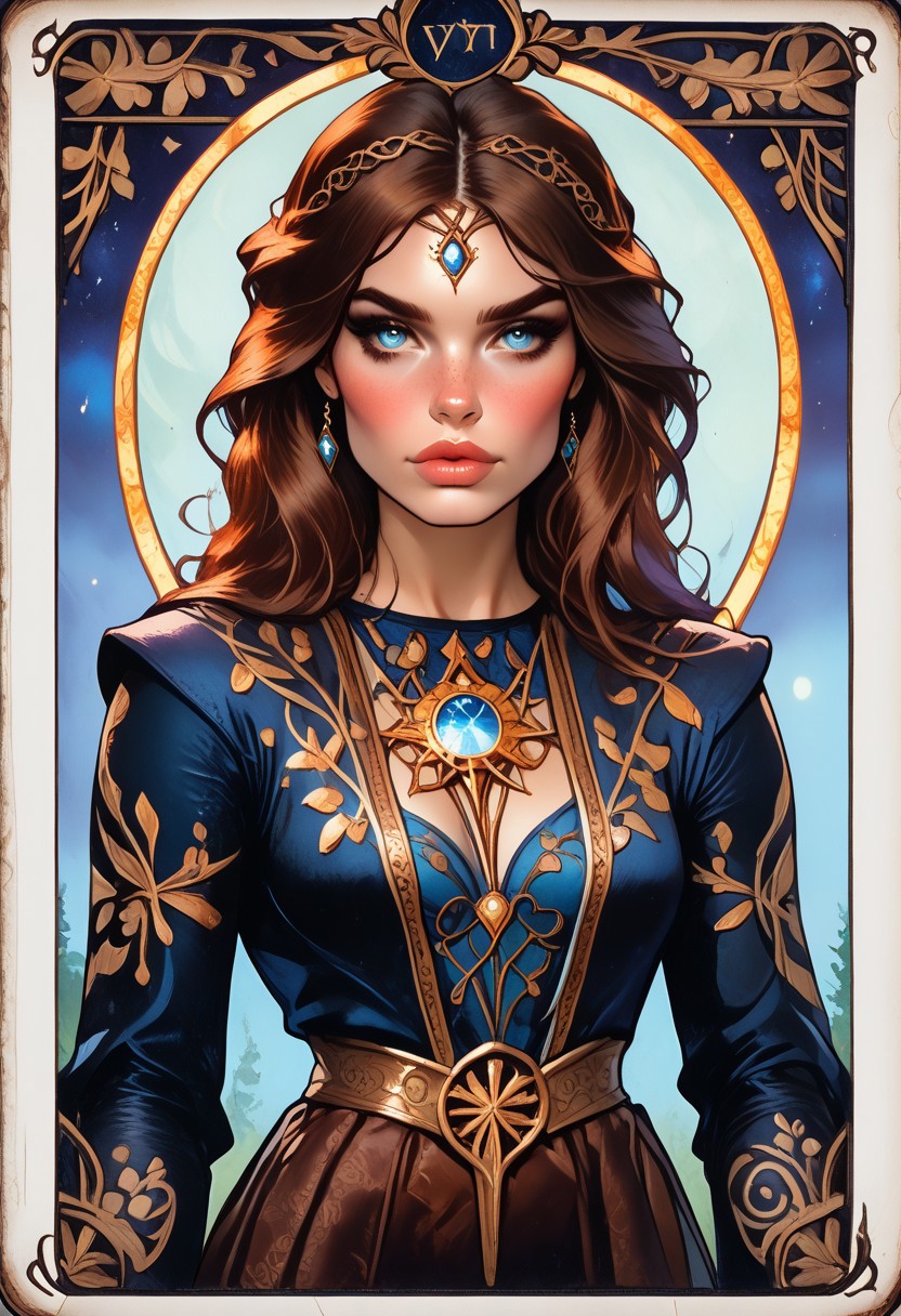 (score_9, score_8_up, score_7_up), ((zPDXL3)), ((zPDXLxxx)), (((T4R0TH, T4R0TH CARD, tarot))), ((ArsMJStyle, art nouveau)), source_nsfw, ((face focus, eye focus, dynamic angle, motion)), 1girl, fantasy, Tarot Card Style, (mystra goddess \(baldurs gate\), mystra goddess \(baldurs gate\)), breathless intimacy, textured skin, leggings, skirt, petite model bombshell, young, delicate features, narrow pointy nose, tiny nose, brown hair, medium length hair, lust, big eyes, seductive eyes, blue eyes, detailed skin, flared lashes, mascara, makeup, breasts, athletic body, narrow waist, wide hips, ((tiny waist)), ((hourglass figure)),((sexy pose)), sensual gaze, 
warm light, detailed, neon dark party
 BREAK
milky way, runes, arcane, astral, surreal, ethereal glow, masterpiece, best quality, intricate design. colorful, moonlit nightsky, moody whimsical color palette, bold soldering lines, volumetric light shining through, crepuscular rays, intricate craftsmanship, detailed texture, luminous transparency, reflective light play, vivid hues, atmospheric depth, enchanting silhouette, art nouveau,