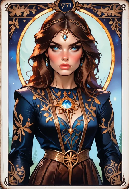 (score_9, score_8_up, score_7_up), ((zPDXL3)), ((zPDXLxxx)), (((T4R0TH, T4R0TH CARD, tarot))), ((ArsMJStyle, art nouveau)), source_nsfw, ((face focus, eye focus, dynamic angle, motion)), 1girl, fantasy, Tarot Card Style, (mystra goddess \(baldurs gate\), mystra goddess \(baldurs gate\)), breathless intimacy, textured skin, leggings, skirt, petite model bombshell, young, delicate features, narrow pointy nose, tiny nose, brown hair, medium length hair, lust, big eyes, seductive eyes, blue eyes, detailed skin, flared lashes, mascara, makeup, breasts, athletic body, narrow waist, wide hips, ((tiny waist)), ((hourglass figure)),((sexy pose)), sensual gaze, 
warm light, detailed, neon dark party
 BREAK
milky way, runes, arcane, astral, surreal, ethereal glow, masterpiece, best quality, intricate design. colorful, moonlit nightsky, moody whimsical color palette, bold soldering lines, volumetric light shining through, crepuscular rays, intricate craftsmanship, detailed texture, luminous transparency, reflective light play, vivid hues, atmospheric depth, enchanting silhouette, art nouveau,