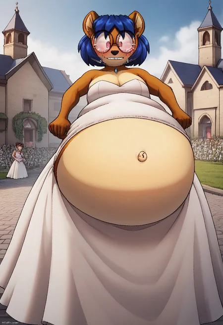 score_9, score_8_up, score_7_up, BREAK, 1girl, digital art, fbfng, anthro, fpx, blue hair, (belly:1.5), round glasses, wedding dress, huge beasts, looking at viewer, blush, seductive look, church, crying