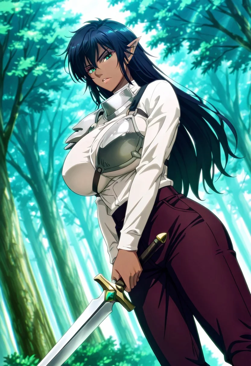 general,highres, ultra-detailed,very aesthetic,best quality ,best hands,best eyes,easynegative,
dynamic anglre, dutch angle, game cg,
1girl solo,looking at viewer,forest,sword,holding a sword,
Arshes Nei,black hair,green eyes,long hair,dark skinned female.elf,huge breasts,shirt,pants.armor,