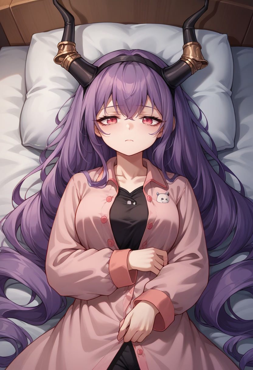 score_9, score_8_up, source_anime, 1girl, solo, TyphonArknights, very long hair, drill hair, black hairband, horns, on bed, sleepwear, pajamas, night, tired, on back, lying, pillow hug, pillow, <lora:ChamTyphonPonyXL:1>