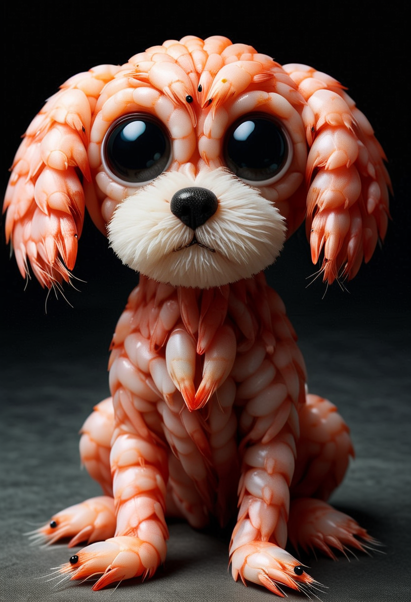 5HR1MP5, a cute dog is made of shrimps, detailed face, (big eyes:0.9), detailed eyes, (long eye lashes, ,Masterpiece,best quality, raw photo, realistic, very aesthetic