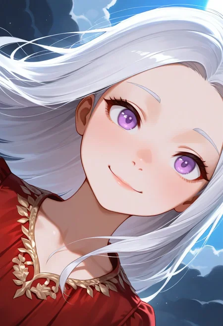 1girl, Aerea Targaryen, A song of Ice and Fire, DnD, Long Lustrious Hair, white Hair, Long white Hair, purple eyes, innocent eyes, young woman (between ages of 18-20), lovely smile, dark background, wearing a red dress, 1girl, childish features, sole girl, dynamic lighting, dynamic angle, cloud, volumetric lighting, blue sky, portrait, upper body,