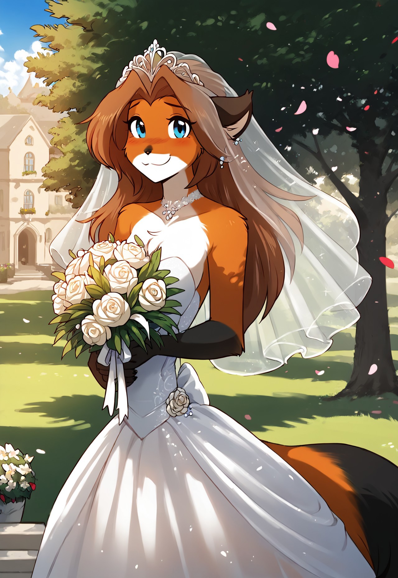 score_9, score_8_up, score_7_up, masterpiece, best quality, good quality, highly detailed, absurdres, Expressiveh, detailed background, outdoors, wedding chapel, wedding decorations, 1 girl, solo, anthro, laura-twokinds, fox tail, wedding dress, holding bouquet, looking at the viewer, smile, happy