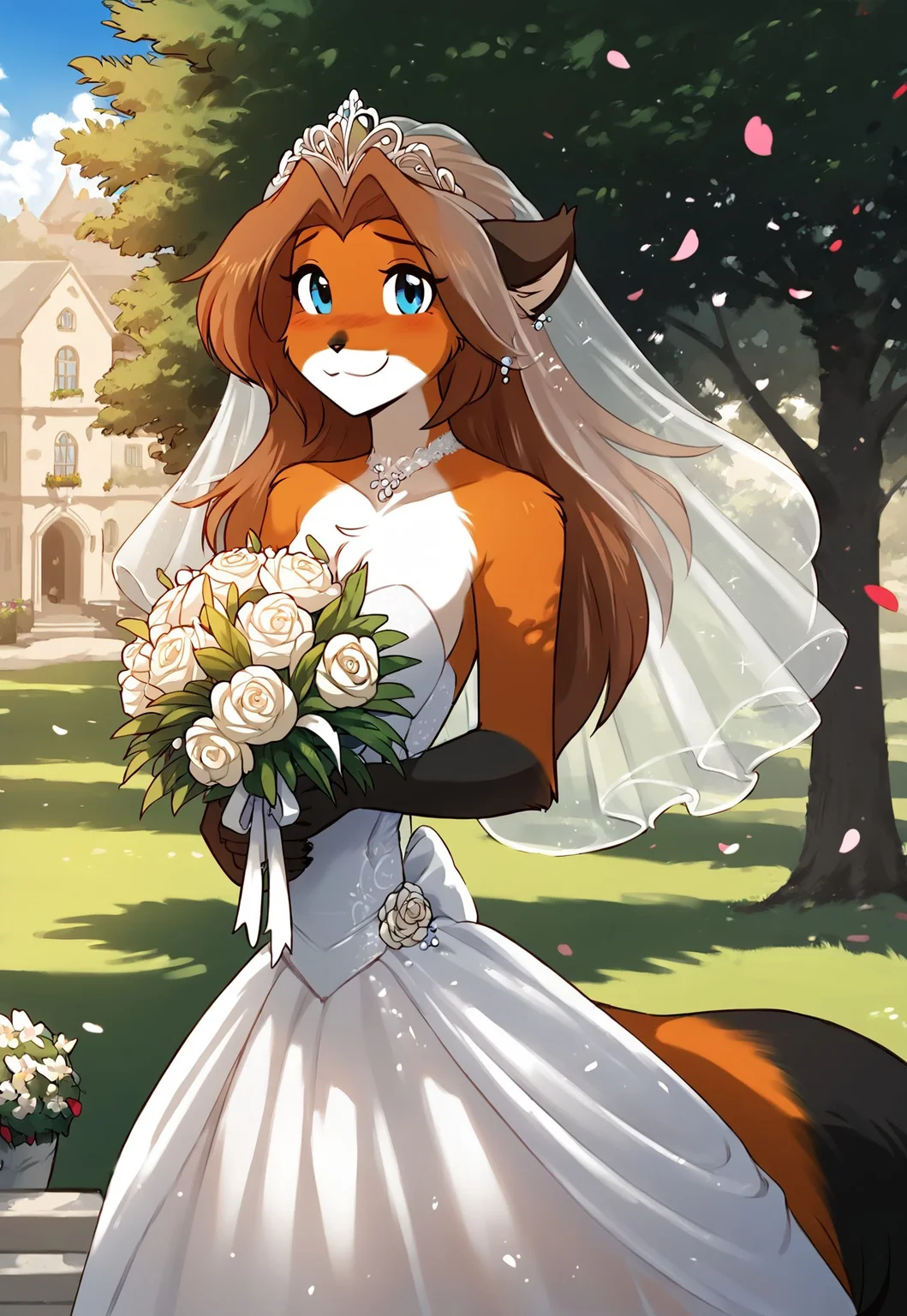 score_9, score_8_up, score_7_up, masterpiece, best quality, good quality, highly detailed, absurdres, Expressiveh, detailed background, outdoors, wedding chapel, wedding decorations, 1 girl, solo, anthro, laura-twokinds, fox tail, wedding dress, holding bouquet, looking at the viewer, smile, happy