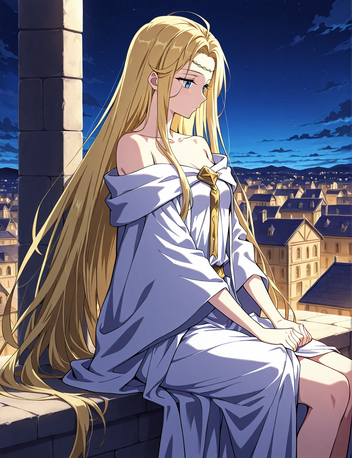 <lora:Ariana-000007:1>
1 girl, solo, very long hair, blonde hair, blue eyes, small breasts
white robe, collarbone, circlet, bare shoulders, bracelete
score_9, score_8_up, score_7_up, score_6_up, source_anime, masterpiece, best quality, absurdres, highres, newest, anime coloring <break>  1girl, solo, sitting, on wall, from side, town, night sky, cloud