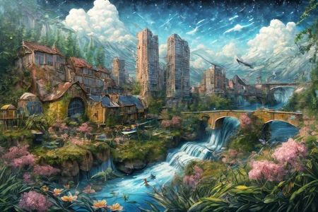 (RAW photo, 8k uhd, Analog style, Masterpiece, Best Quality, Highres:1.4), (dramatic, cinematic:1.2), BREAK,
movie shot of colorful hyperdetailed fantastic fantasy mysterious magic landscape, above clouds, (medieval elven fantasy (village:1.35), (steampunk:1.05) (peasant:1.15) (robots:1.1) (crowd:1.35), playing (little steampunk (girl:1.25):1.1), (farm:1.31), (lake, (river:1.14):1.15), (bridges:1.4), (waterfalls:1.35), (boat:1.4), (dock:1.1), (cliff:1.35), road, (green:1.05) valley, (flowers:1.2), (maple trees:0.65), (green:1.05) (fields:1.3), (fences:1.3), (snowy:1.17) (pines:1.1), (pink:1.0) (flowering tree:1.12):1.22), BREAK,
((mountains:1.22), (futuristic:1.15) (overgrown:1.27) (skyscrapers:1.53) (ruins:1.35), (market, water wheel, castle:1.14), (colorful houses:1.2), birds, stairs, spaceport, ((bright morning sun daylight:1.05) rainbow pure (blue:1.05) sky, glowing:1.05), starry, crescent, meteor, ((fluffy cloud:1.2), godrays, light particles:1.05), various seasons, steam, smokes:1.2), BREAK,
(photorealistic:1.2), (intricate:1.3), (light theme:1.3), (inspiring joyful atmosphere:1.2), (fabulous, fantasy, mysterious, science fiction, post-apocalypse, incredible, amazing, happy, sunny, pastoral:1.2), (hyperdetailed, absurdres:1.2), (colorful, saturated:1.4), colorful lighting, BREAK,
<lora:more_details:1>,