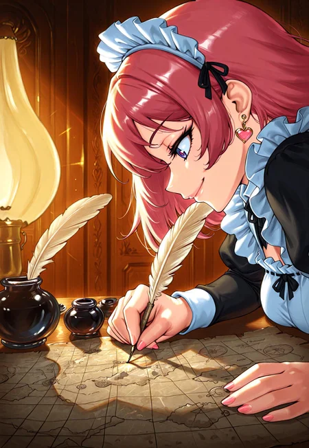 absurdres, masterpiece, 1girl, anime girl, solo, BREAK, CivChan, purple eyes, pink hair, BREAK, heart earrings, BREAK, maid, BREAK, writtenpeak, sidelighting, 1girl, holding quill, feathers, lamp, inkwell, map, indoors, writing, looking at object, smile, profile, from side,