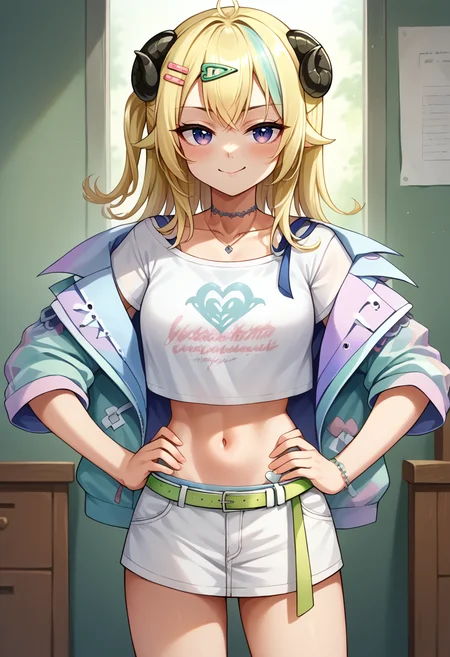 score_9, score_8_up, source_anime, 1girl, solo, WatameEight, long hair, one side up, streaked hair, hairclip, white choker, necklace, white shirt, print shirt, short sleeves, midriff, green belt, white miniskirt, gradient jacket, multicolored jacket, hands on hips, indoors, smirk, <lora:ChamTsunomakiWatamePonyXLV2:1>