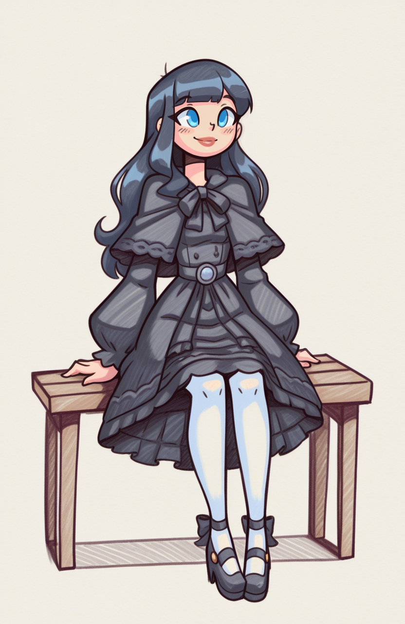1girl, solo,
<lora:Gaia_XIV:0.8> gaia_xiv, blue eyes, lips, black hair, fairytale dress, lace trim, capelet, white pantyhose, ribbon, heeled shoes, sitting on bench, relaxed smile, cheerful demeanor, easygoing style, bright mood,
<lora:shadowhawx95:1> shadhawx, traditional media, hatching \(texture\), sketch, extremely detailed, highres, masterpiece, best quality