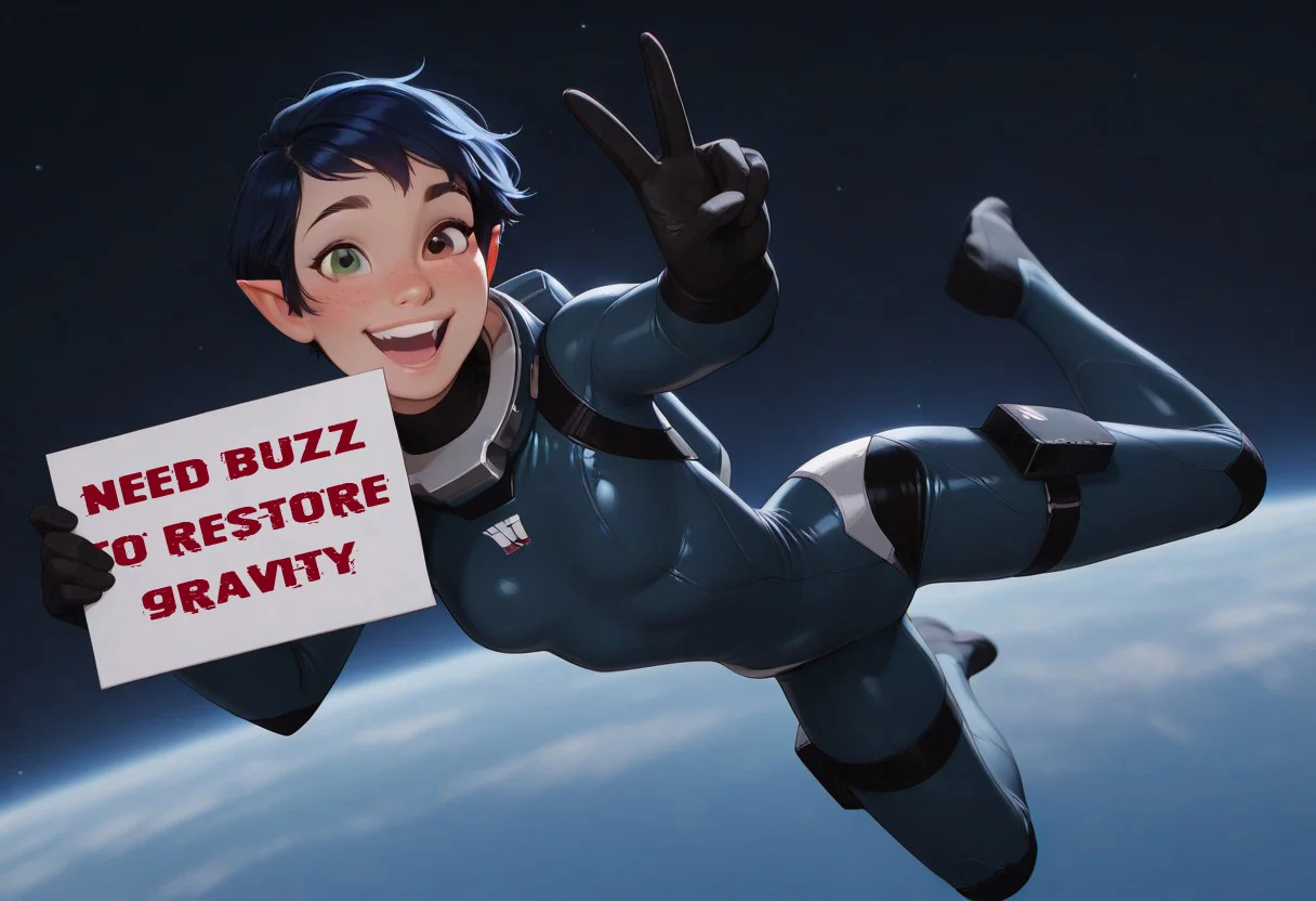 masterpiece,best quality,amazing quality,newest, absurdres, highres, detailed eyes, beautiful, perfect eyes, finely detailed face, very aesthetic, DISNEY_ANIMATION, incoth, (incase:0.6), (depth of field),
1girl, solo,
dark blue hair, pixie cut, heterochromia, green eye, brown eye, black eyebrows, freckles, (pointy ears:1.1), cute face, beautiful, slim, small breasts, 
thigh space suit, folding sign, v,
floating, happy, big smile,
dynamic pose, 
space station,