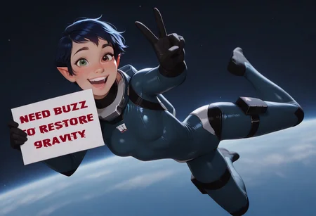 masterpiece,best quality,amazing quality,newest, absurdres, highres, detailed eyes, beautiful, perfect eyes, finely detailed face, very aesthetic, DISNEY_ANIMATION, incoth, (incase:0.6), (depth of field),
1girl, solo,
dark blue hair, pixie cut, heterochromia, green eye, brown eye, black eyebrows, freckles, (pointy ears:1.1), cute face, beautiful, slim, small breasts, 
thigh space suit, folding sign, v,
floating, happy, big smile,
dynamic pose, 
space station,