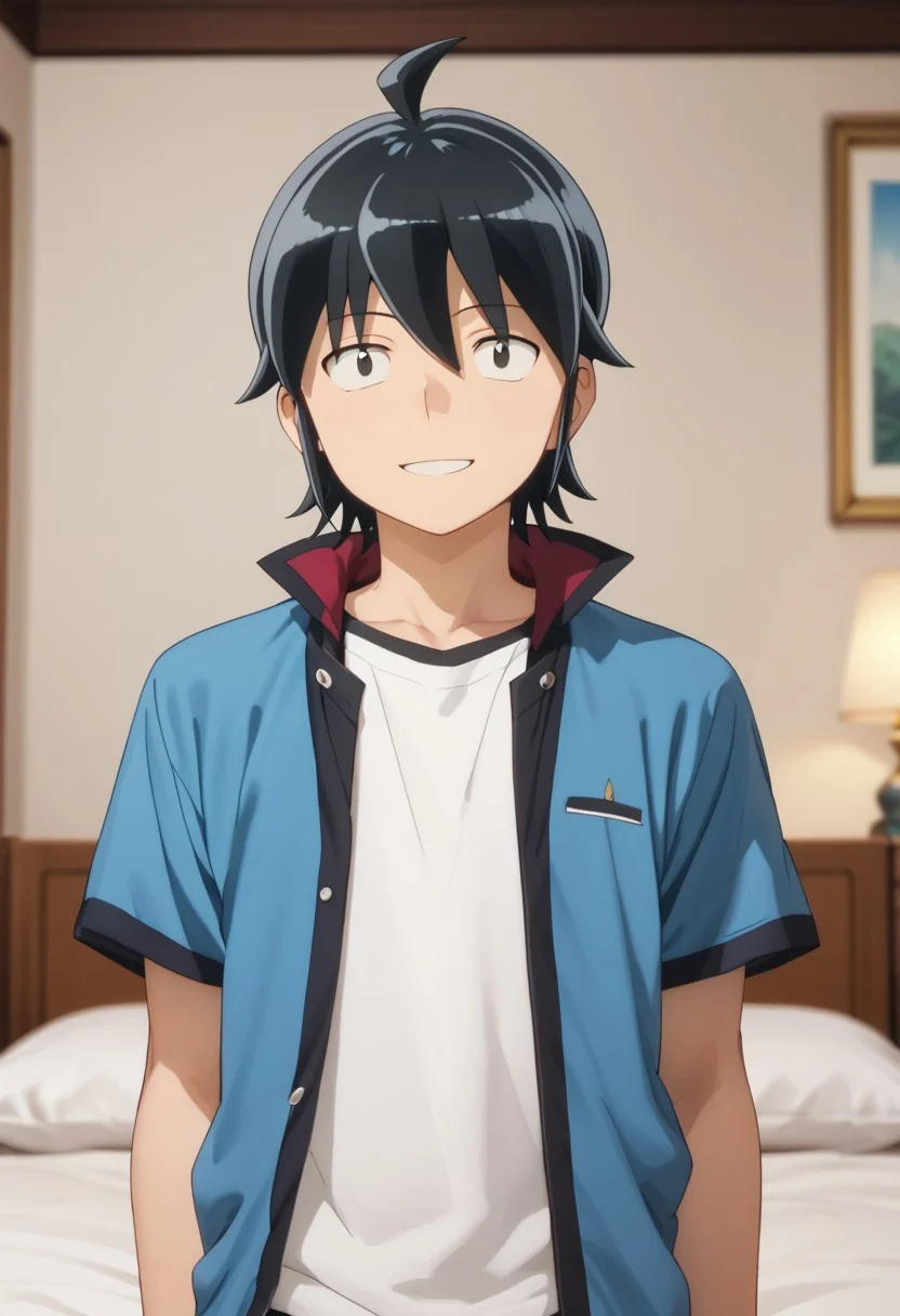 score_9, score_8_up, score_7_up, masterpiece, 1boy, smiling, bedroom, solo male, solo focus, looking at viewer,Makoto, black eyes, black hair, ahoge,