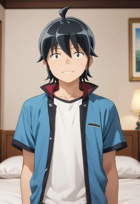score_9, score_8_up, score_7_up, masterpiece, 1boy,  smiling, bedroom, solo male, solo focus, looking at viewer,Makoto, black eyes, black hair, ahoge,