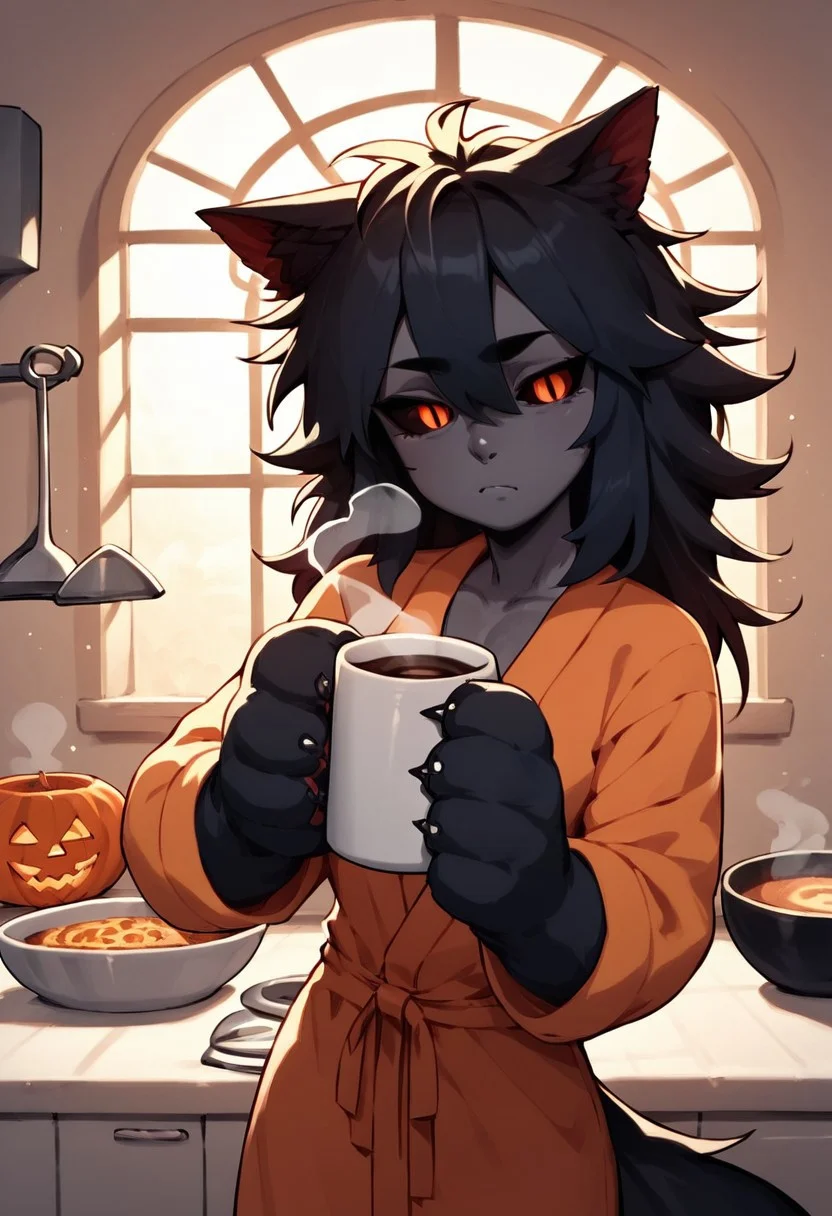 score_9, score_8_up, score_7_up, hellhound, Hellhound, monster girl, black sclera, slit pupils, animal hands, dark skin, grey skin, toned, red eyes, orange eyes, yellow eyes, black fur, short bathrobe, Halloween themed bathrobe, orange and purple bathrobe, tired expression, sleepy looking, sleepy, slightly irritated, in kitchen, kitchen, kitchen of house, holding cup of coffee, holding mug, holding cup, steam off of mug, morning time, sunrise outside window, intricate, intricate lighting, detailed lighting, solo, 1female, one female, halloween time, halloween