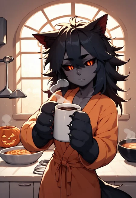 score_9, score_8_up, score_7_up, hellhound, Hellhound, monster girl, black sclera, slit pupils, animal hands, dark skin, grey skin, toned, red eyes, orange eyes, yellow eyes, black fur, short bathrobe, Halloween themed bathrobe, orange and purple bathrobe, tired expression, sleepy looking, sleepy, slightly irritated, in kitchen, kitchen, kitchen of house, holding cup of coffee, holding mug, holding cup, steam off of mug, morning time, sunrise outside window, intricate, intricate lighting, detailed lighting, solo, 1female, one female, halloween time, halloween