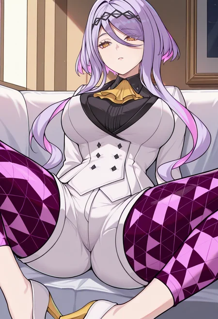 masterpiece, best quality, hires, absurdres, newest, 1girl, solo, <lora:figue-sh2-richy-v1_ixl:1> figue, yellow eyes, purple hair, multicolored hair, hairband, hair between eyes, sidelocks, yellow ascot, white coat, long sleeves, black shirt, half gloves, black gloves, white shorts, purple leggings, large breasts, indoors, sitting, spread legs, white heels