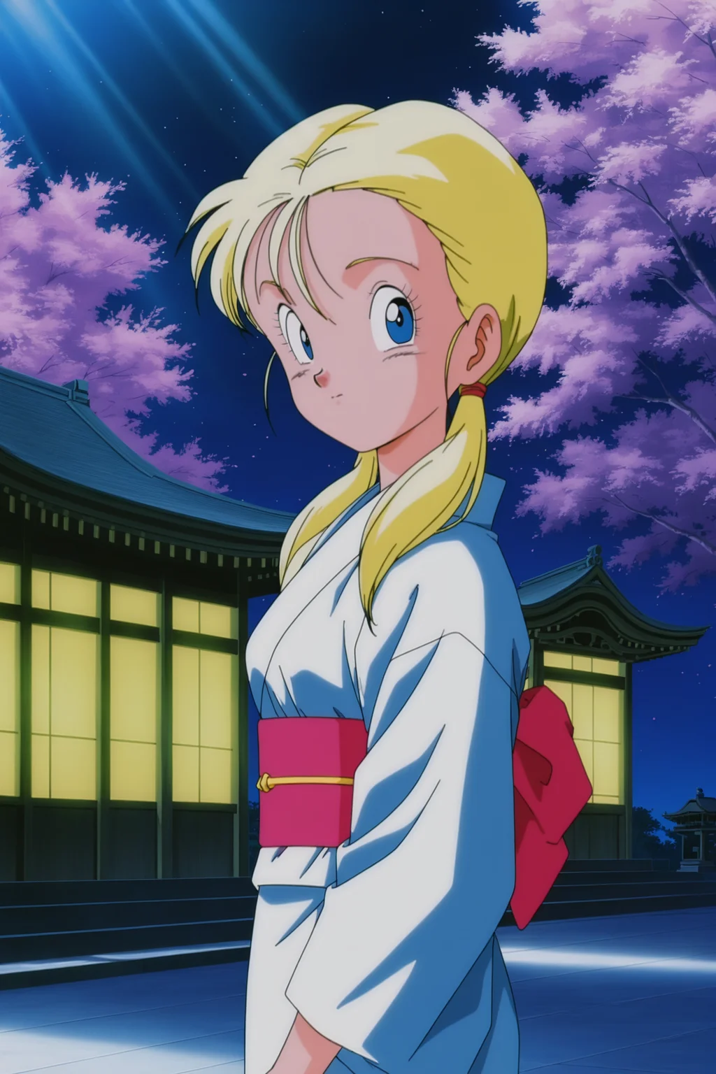 anime screencap, masterpiece, best quality, amazing quality, very aesthetic, absurdres, newest, (scenery, volumetric lighting),
1990s \(style\), anime coloring, retro artstyle,
marron, blue eyes, blonde hair, twintails,
white kimono, cherry blossoms, obi, temple, outdoors, night sky, night sky, cowboy shot, looking at viewer, from side,
dappled moonlight, light rays,
<lora:Marron_IL:0.8>