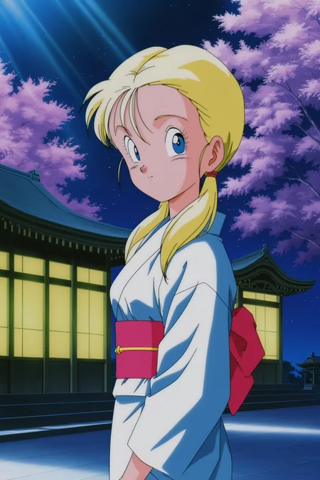 anime screencap, masterpiece, best quality, amazing quality, very aesthetic, absurdres, newest, (scenery, volumetric lighting),
1990s \(style\), anime coloring, retro artstyle,
marron, blue eyes, blonde hair, twintails,
white kimono, cherry blossoms, obi, temple, outdoors, night sky, night sky, cowboy shot, looking at viewer, from side,
dappled moonlight, light rays,
<lora:Marron_IL:0.8>