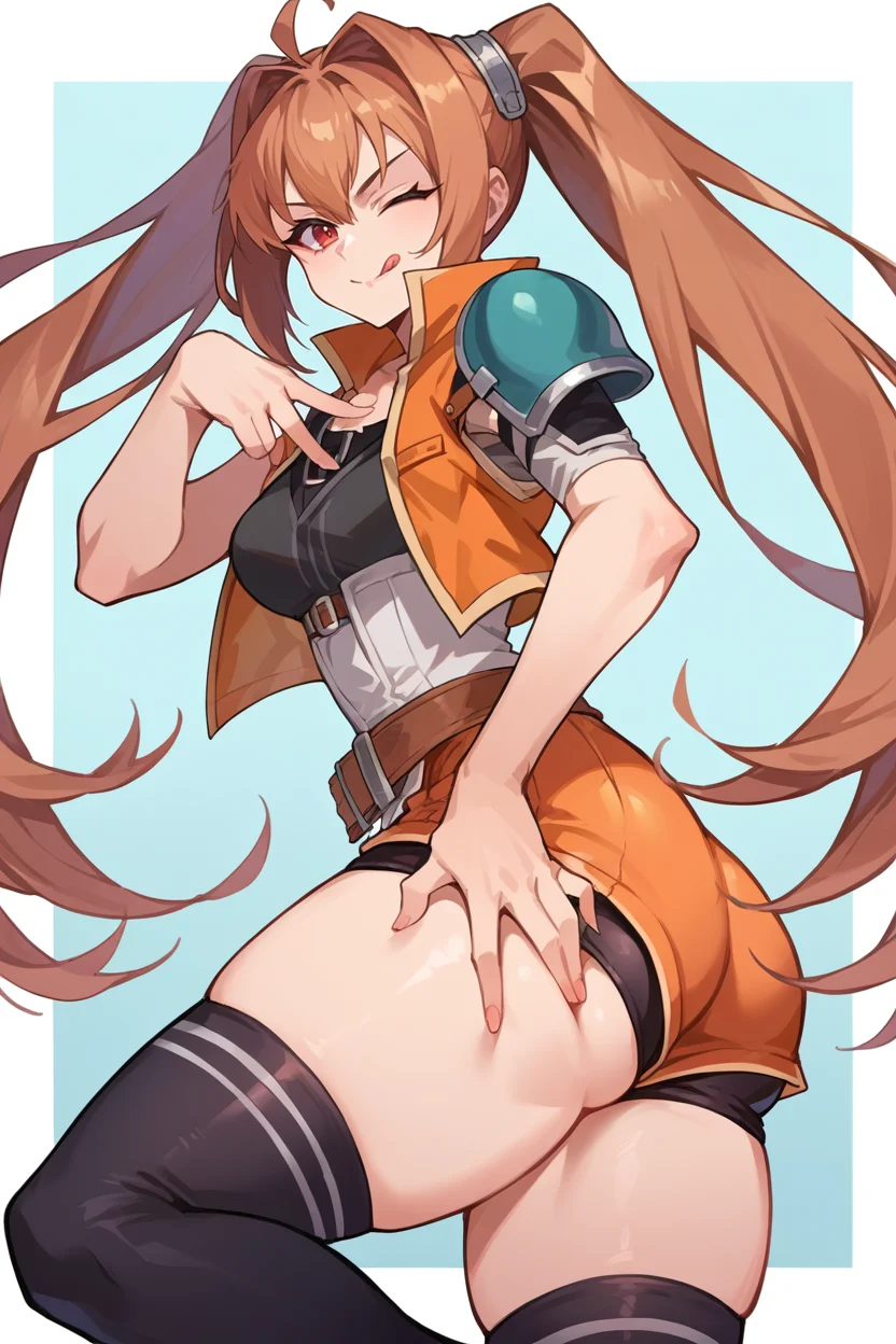 score_9, score_8_up, source_7_up, source_anime, BREAK 1girl <lora:estelle-pdxl-nvwls-v1:1> senEstelle, twintails, single shoulder pad, orange jacket, black shirt, miniskirt, belt, spandex shorts, black thighhighs, ass, thick thighs, from side, looking at viewer, wink, tongue out, closed mouth, hand on own butt