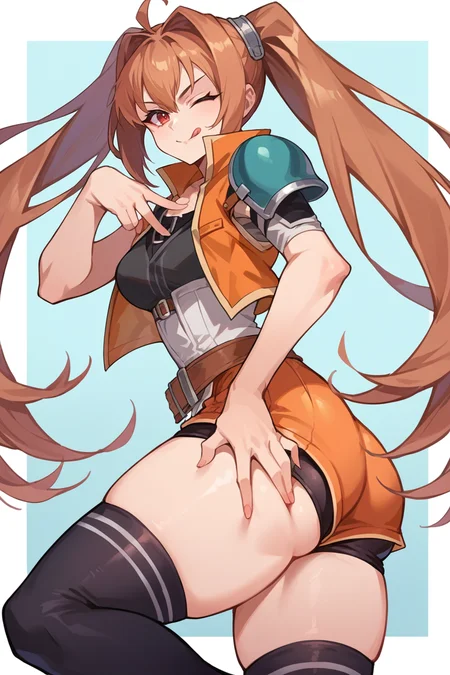 score_9, score_8_up, source_7_up, source_anime, BREAK 1girl <lora:estelle-pdxl-nvwls-v1:1> senEstelle, twintails, single shoulder pad, orange jacket, black shirt, miniskirt, belt, spandex shorts, black thighhighs, ass, thick thighs, from side, looking at viewer, wink, tongue out, closed mouth, hand on own butt