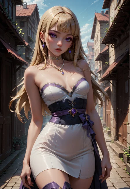 safe_pos, score_9, score_8_up, score_7_up, score_6_up, 1girl, 20 years old, thigh-high boots, ((one-piece little strapless white suit dress)), (black hip sash), pearl necklace, blonde hair (hime cut), purple eyeshadow, narrow waist, bare arms, bare neck, ((no choker)), perfect breasts, beautiful,

in the middle of a storm, dramatic, hair flapping in wind,

art by mooncryptowow, zPDXL3