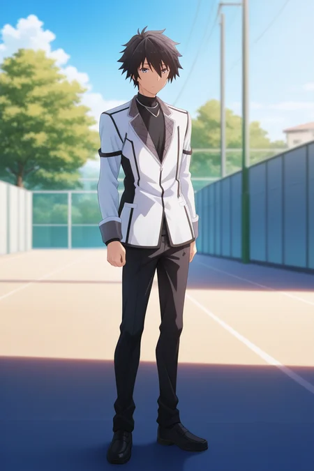 masterpiece, best quality, amazing quality, very aesthetic, high resolution, ultra-detailed, absurdres, newest, scenery, volumetric lighting, depth of field,anime screencap , , , 1boy, solo, male focus, <lora:ikki:0.97>,ikki kurogane, black hair, grey eyes,short hair,spiky hair,looking at viewer,shirt,long sleeves,standing, jacket, school uniform, full body, pants,black shirt, black pants, white jacket,shoes,black shoes,day,sky,school,schoolyard,outdoors