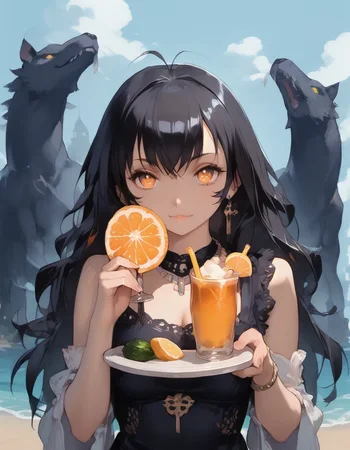 score_9_up, score_9, score_8_up, score_7_up, rating_explicit, , lora:748cmSDXL:1, best quality, masterpiece, perfect composition, official art, 748cmstyle, 1girl, silver necklace, braided bracelets, holding a margarita in a wide brimmed coupette glass, margaarta glass, salted rim, turquoise color drink, cucumber slice on rim, looking at viewer, cute smile, dynamic pose, standing, beach scenery, seaside, evening, bay, rocks, umbrella, beach chairs, beach lights, city lights in the distance, white plastic table, royal blue sky with fiery orange accents, clouds, volumetric lighting, perfect lighting, correct illumination, dark lighting, warm light, chiaroscuro,, g0thicPXL, glowing, neon,, S4bit4mago_illu, Hakufu Sonsaku, Long, flowing black hair with loose, natural waves, Striking eyes (often depicted as green or blue), Fair, youthful skin, Revealing, low-cut battle attire with traditional motifs, Minimal clothing style emphasizing her energetic nature, Dynamic and spirited presence, Bold design with minimal accessories,