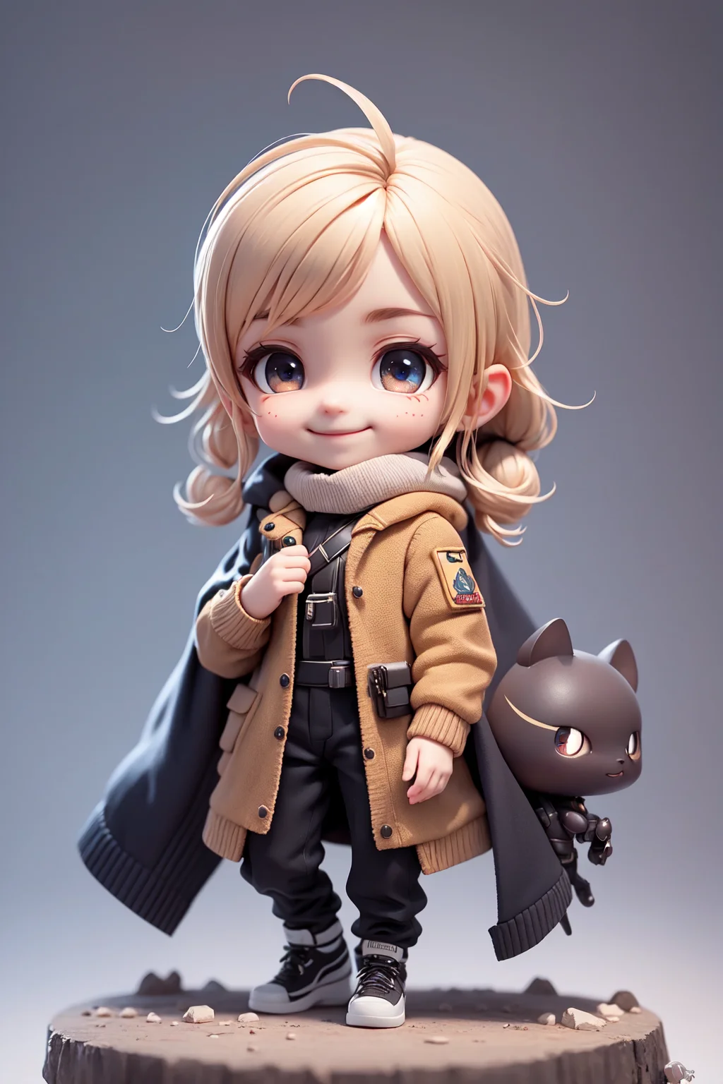(masterpiece),(best quality),(ultra-detailed), (full body:1.2), 1boy,chibi, smile,(beautiful detailed face), (beautiful detailed eyes), (Simple and clean style_1.5), tactical vest, long overcoat, ballistic gear, black gear, (brown sweater),
<lora:blindbox_V1Mix:1> ,